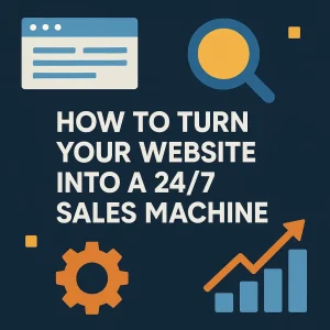 Flat-style digital illustration with icons of a webpage, magnifying glass, gear, and upward bar chart surrounding bold white text that reads ‘How to Turn Your Website into a 24/7 Sales Machine,’ representing SEO growth, website optimization, and continuous online sales performance.