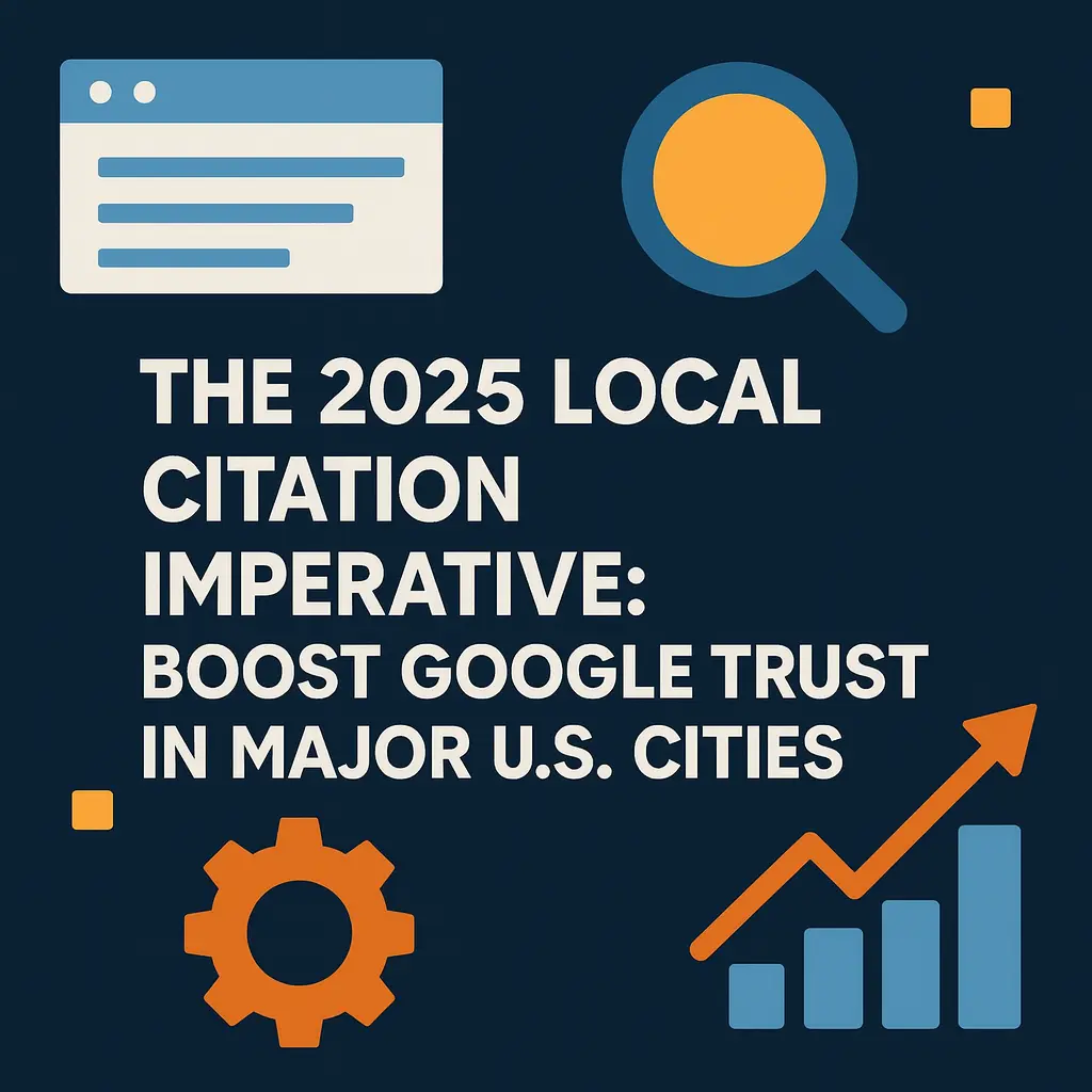 Flat design graphic with website, search, gear, and chart icons illustrating “The 2025 Local Citation Imperative: Boost Google Trust in Major U.S. Cities.” Represents local SEO optimization and directory management for businesses in Chicago, New York, Los Angeles, Houston, and Miami.