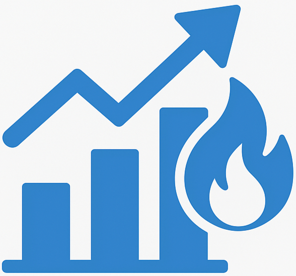 Blue analytics icon showing growth chart with upward arrow and flame, representing trending topics and business growth.