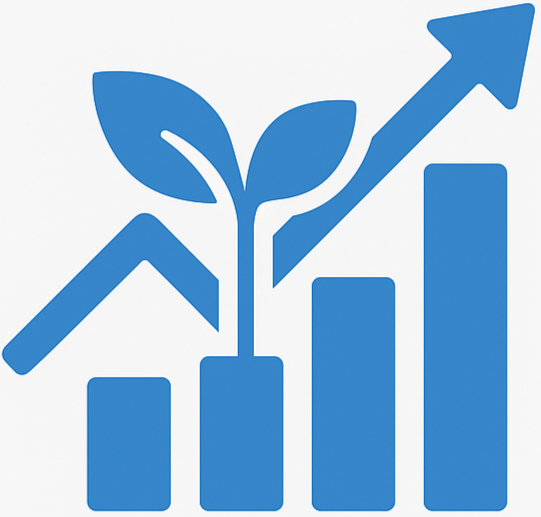 Blue growth chart with leaf sprouting from bar, symbolizing sustainable business growth and performance improvement.