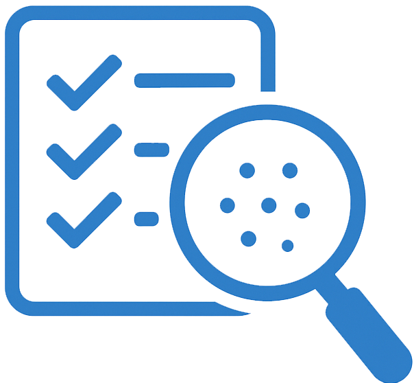 Blue checklist icon with magnifying glass symbolizing detailed review, quality assurance, and local SEO auditing.