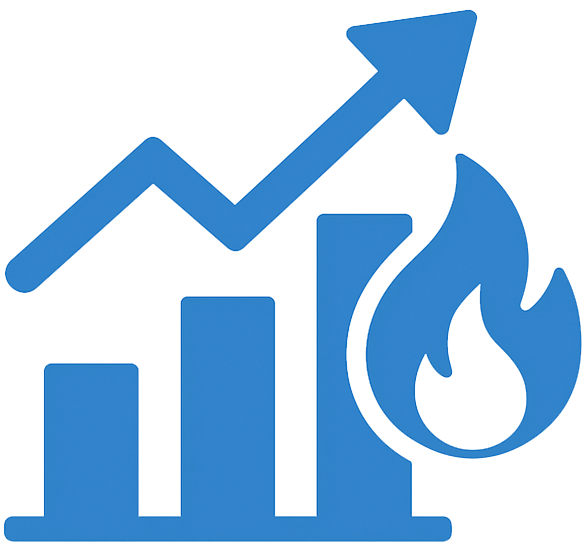 Blue analytics icon showing growth chart with upward arrow and flame, representing trending topics and business growth.